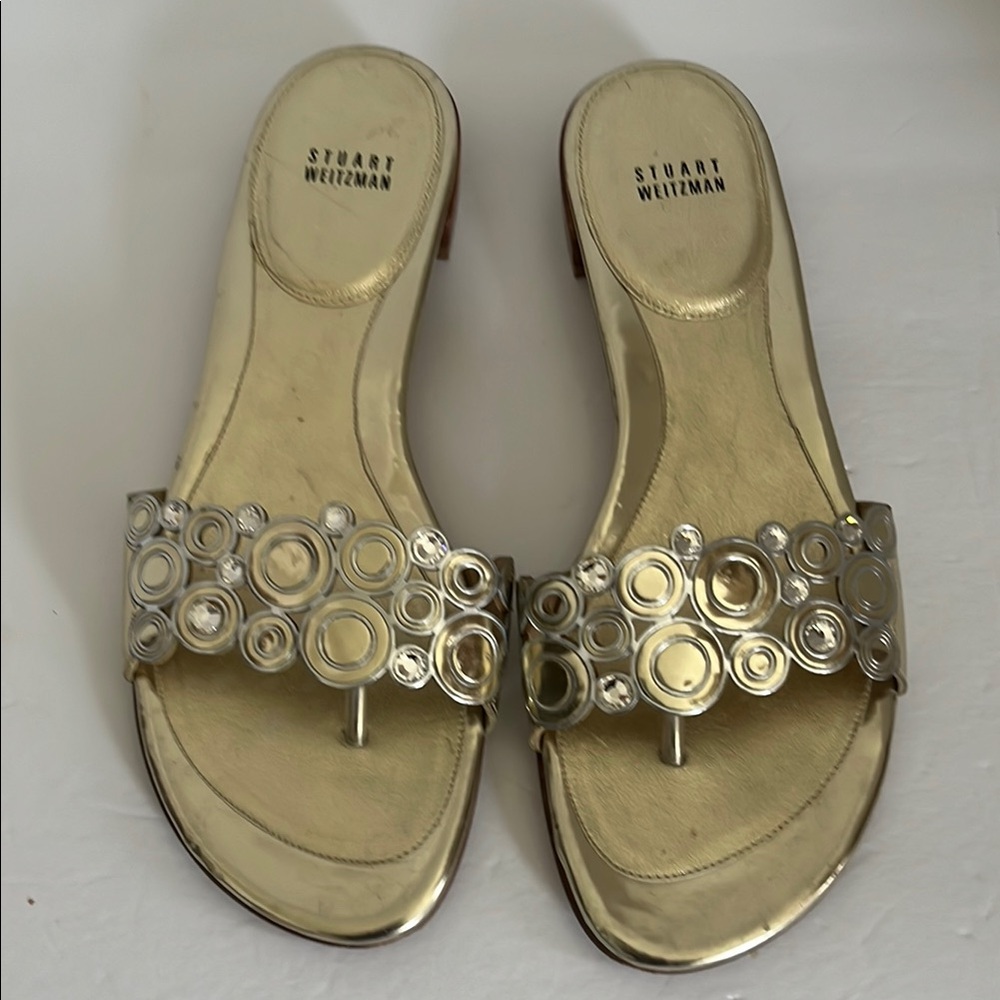 Stuart Weitzman Gold Sandals with Metallic Embellishments
